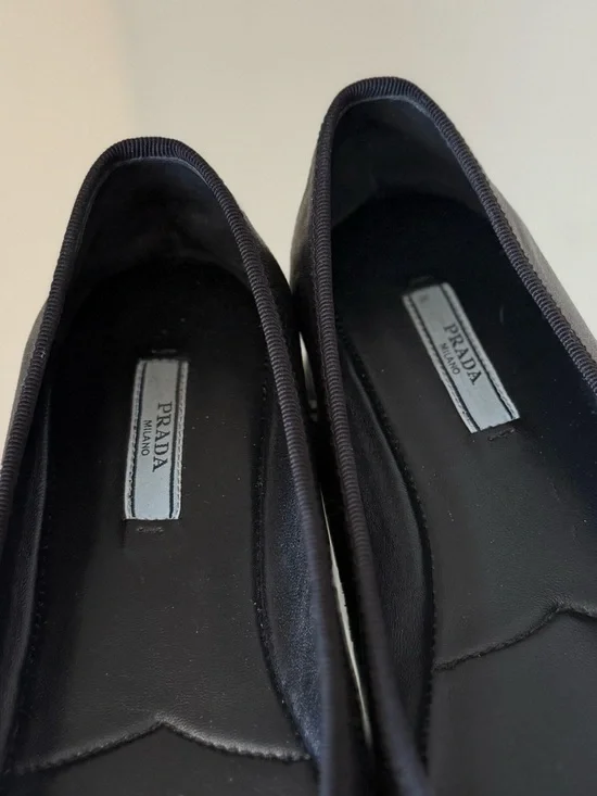 Prada Black Leather Triangle Logo Bow Flat 36.5 - Picture 6 of 11